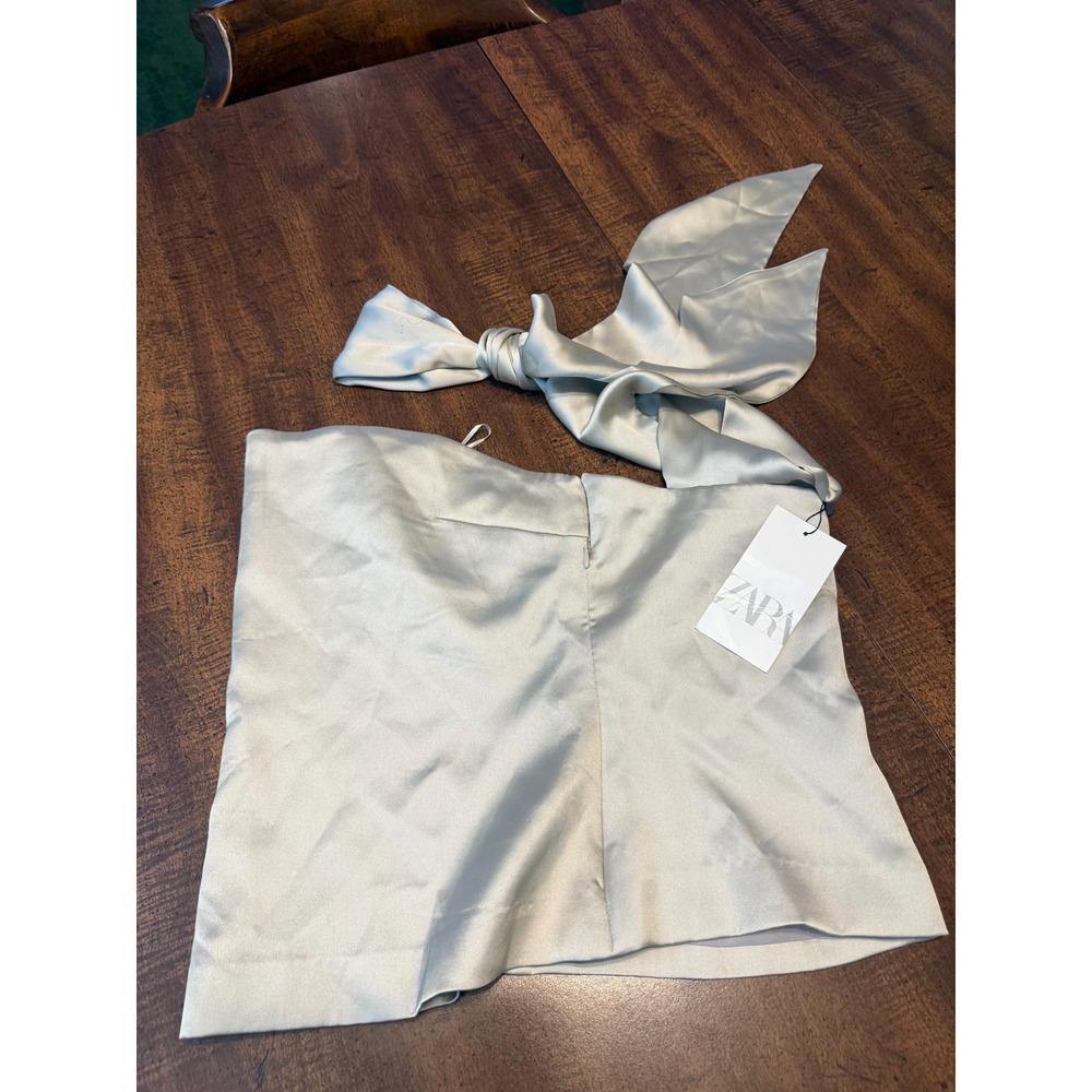 Zara Satin Foulard Top Womens L Silver Gray Strapless Scarf NWT
